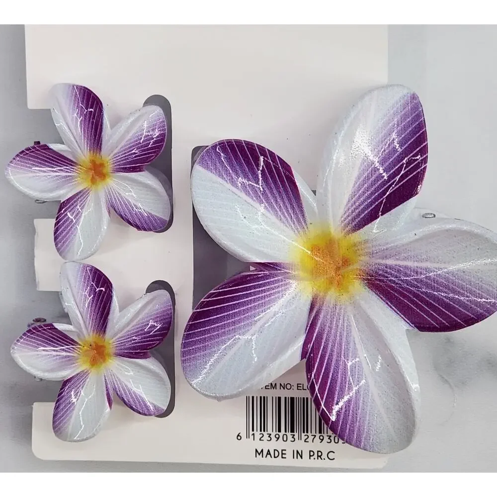 3 pc Hawaiian Flower Claw Clip Set - Hair Accessories Purple & White Plumeria